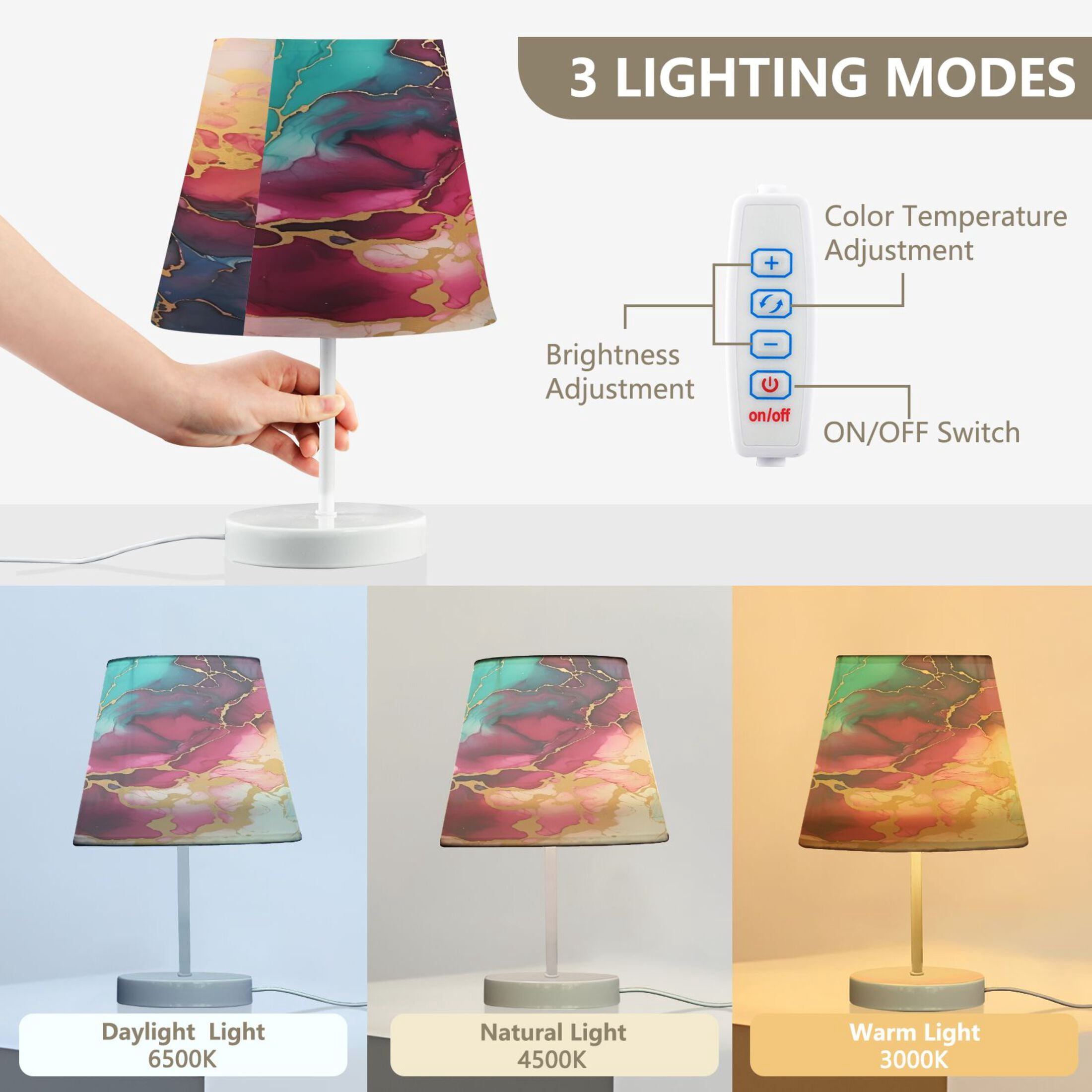 Teal Magenta Marble Desk Lamp LED Table Nightstand Lamps with 3 Color Temperatures for Home Bedroom Living Room Decor 8x12
