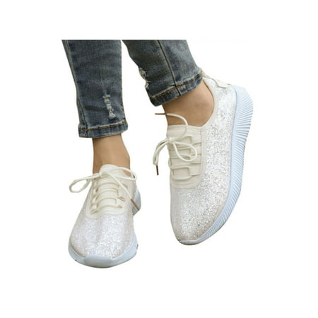 Women Sequin Glitter Sneakers Tennis Lightweight Comfort Walking Athletic (Best Sneakers For Walking On Concrete All Day)