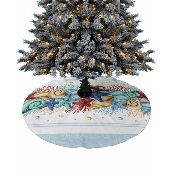 Aqua Coastal Christmas Tree Skirt 36 Inches Large Christmas Skirt Tree, Nautical Starfish Coral Shell Beach Ocean Tree Skirt Christmas Decorations for Fireplace Party Holidays Indoor Outdoor