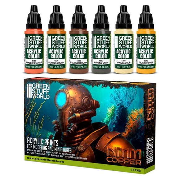 Green Stuff World Acrylic Paint Set, NMM Copper, 6x17ml Bottles for Fantasy & Steampunk Modeling