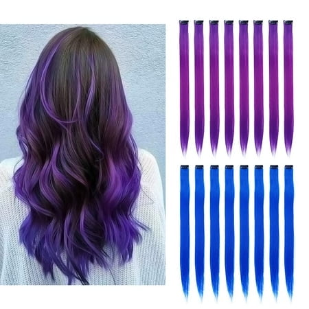 16Pcs Color Clip In Hair Extensions Purple Blue Multiple Color Hair 20Inch Colorful Straight Fashion Clip On Hairpieces For Girls Women(Purple + Blue)