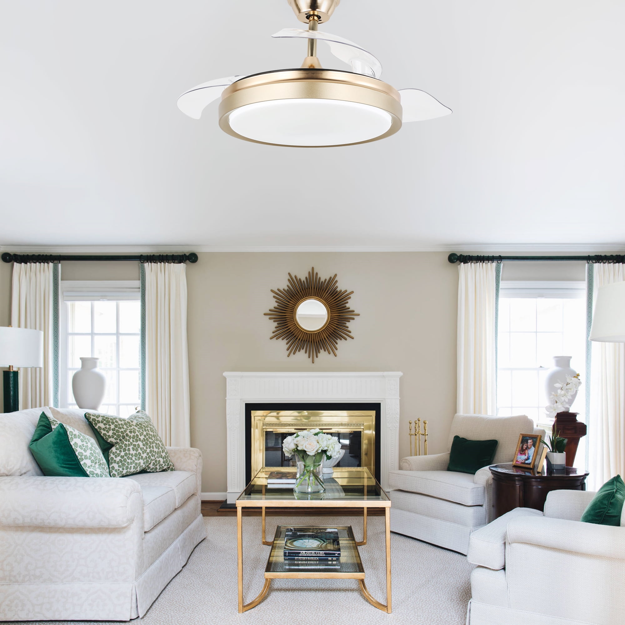 Belladepot 42" Gold Retractable Ceiling Fan Reversible With Remote Control and Light Kit 3 Blades