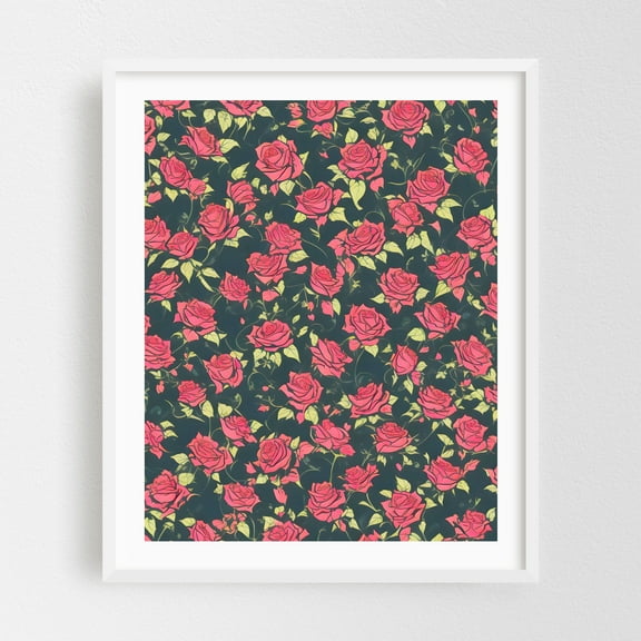 Romantic Rose Garden - Illustration Floral Flowers Pattern Botanical Vintage Art Deco Modern Art White Framed Wall Art Print 8 x 10 inches