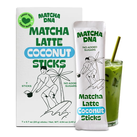 MatchaDNA Coconut Matcha Latte Powder Sticks Naturally Caffeinated 7 Pack 0.7oz Each