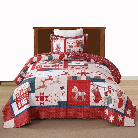 3 PCS Vintage Christmas Patchwork Quilt Set – Reversible Holiday Bedspread
