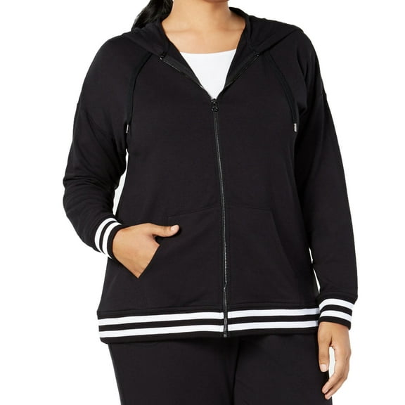Ideology Womens Plus Size Varsity Stripe Zip Hoodie,Noir,1X