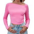 thumbnail image 1 of Bright Pink Women's Sexy Asymmetrical Neck Long Sleeve Ribbed Slim Fit Tight T Shirt Crop Tops, 1 of 5