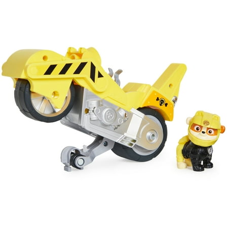 PAW Patrol Moto Pups Rubble Deluxe Pull Back Motorcycle Vehicle with Wheelie Feature and Figure