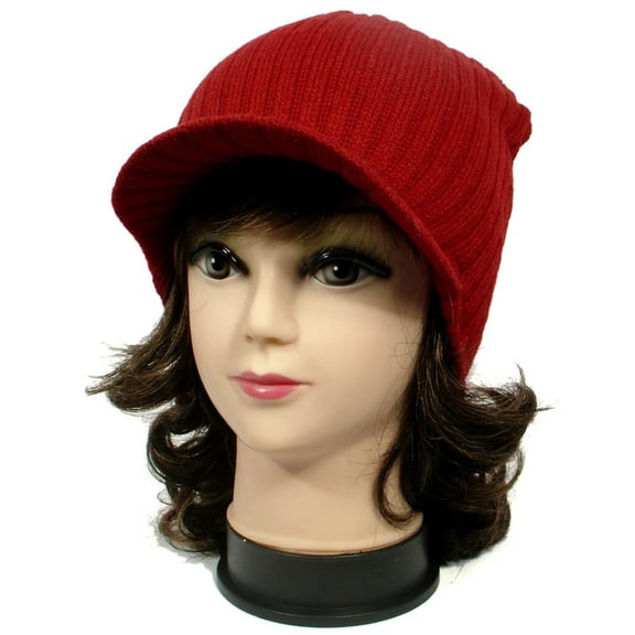Red Warm Winter Knit Crochet Braided Baggy Visor Beanie Hat