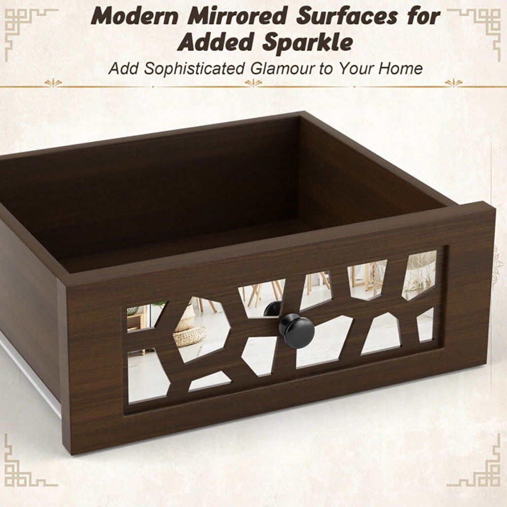 Finihen End Table, Wood Retro End Table with Mirrored Glass Drawer and Open Storage Shelf, Sofa Side Table, Bed Side Table, for Living Room, Bedroom, Brown Finihen End Table, Wood Retro End Table with Mirrored Glass Drawer and Open Storage Shelf, Sofa Side Table, Bed Side Table, for Living Room, Bedroom, Brown