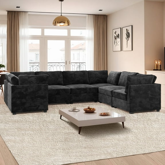 Ovios Oversized Modular Sectional Sofa Couch 130.7 Inch 7 Seater U Shaped Sofa Modern Deep Seat Cloud Corduroy Couches for Living Room,Office, Black