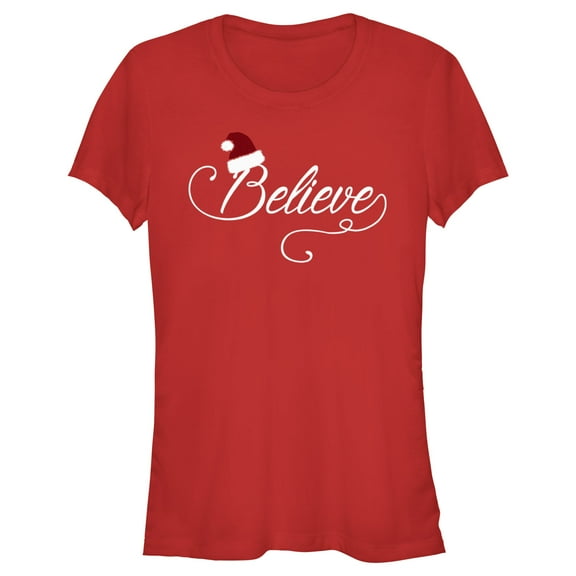Junior's Lost Gods Santa Hat Believe  Graphic Tee Red Medium