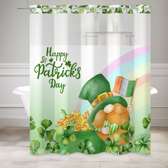 Mizhona Happy St.Patrick's Day No Hook Shower Curtain with Snap in Liner，Gnome Hookless Bath Curtain,71"× 74"