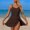Coffee, variant on Swimsuits for Women Solid Color Crew Neck High Waist Adaptable One Piece Bathing Suits Women's Swimwear One-Piece with Swim Skirt Women's Swimwear