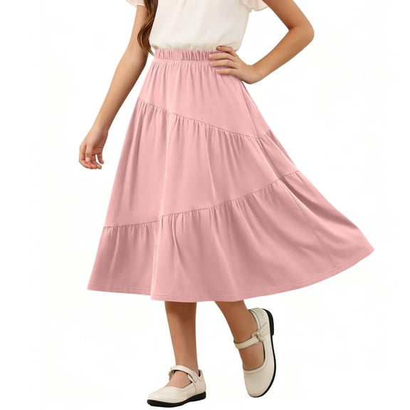 LJEFF Girls Elastic Waist Tiered Midi Skirt, A-Line Breathable Pleated Flowy Summer Maxi Skirts for Kids Pink Size 8