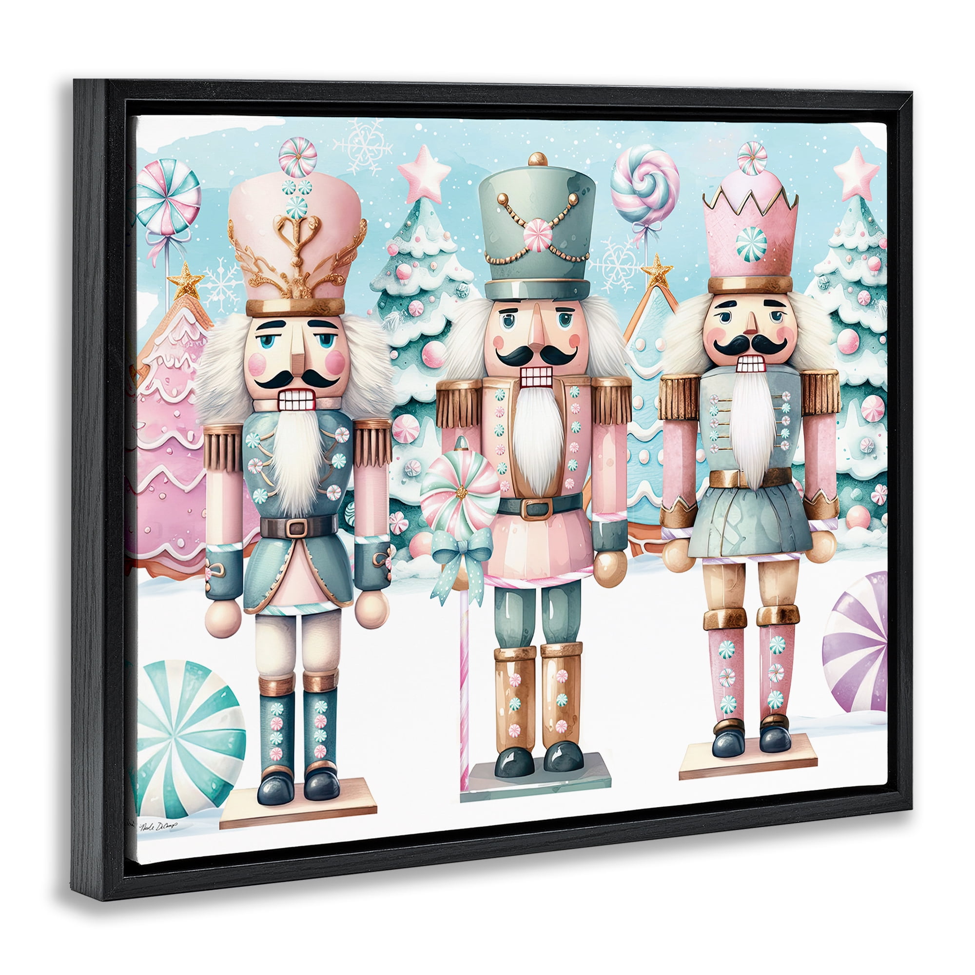 Stupell Industries Pastel Nutcracker Trio Holiday Painting Black Floater Framed Art Print Wall Art, 21 x 17