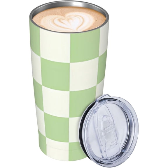 Light Green Checkered Stainless Steel Insulated Tumbler 20 Oz Coffee Mug Travel Cup Water Bottle With Lid Straw