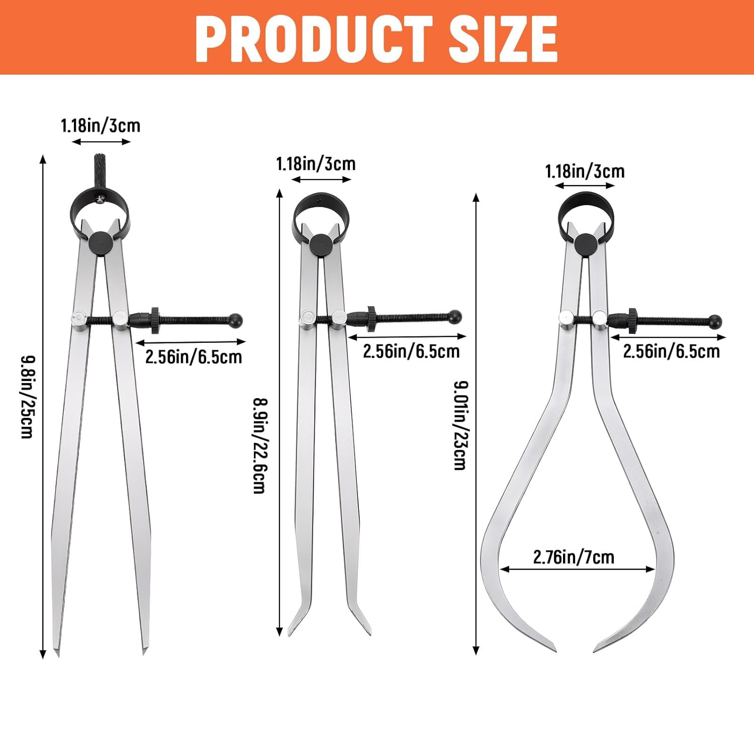 3 Pcs 8 Inch Long Spring Caliper Set, Carbon Steel Outside Divider Caliper Compass, Calipers Measuring Tool for Wood Turning Lathe Projects