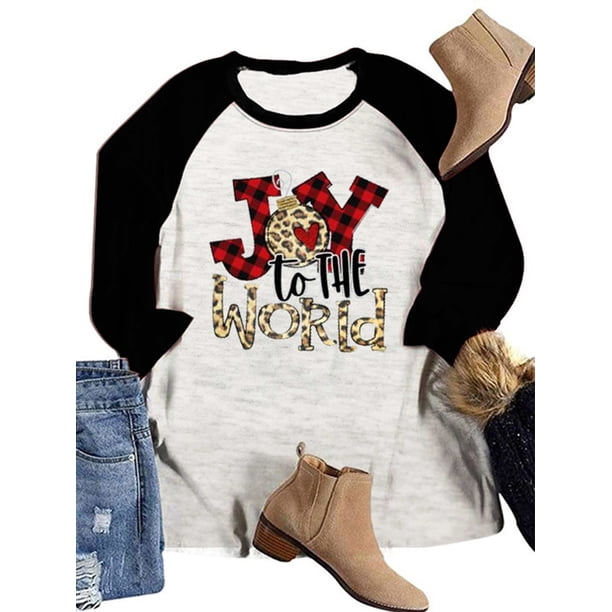 Worallymy Mujeres 3/4 Manga Letra JOY TO the WORLD Feliz Navidad Gráficos nostálgicos Camisetas de Navidad Worallymy JD735800714