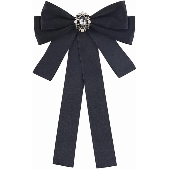 Black Rhinestone Tie with Pin Adjustable Pre Tied Vintage Silk Satin Fabric Ribbon Bowknot Neck Collar Brooches Ties