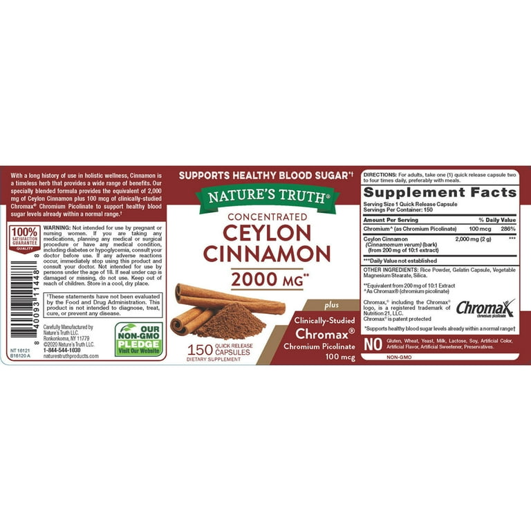 Nature's Truth Ceylon Cinnamon + Chromax, 2000mg Health Nature's Truth Ceylon Cinnamon + Chromax, 2000mg Health