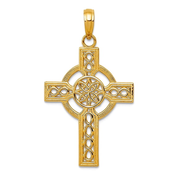 10k Gold Sparkle-Cut Irish Claddagh Celtic Trinity Knot Religious Faith Cross Pendant Necklace 33x19mm Wide Pendant for