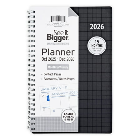 See it Bigger Monthly Weekly Planner Medium (5.5" X 8.75") Black, 15-Month, Oct 2025-Dec 2026