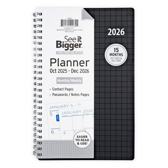 See it Bigger Monthly Weekly Planner Medium (5.5" X 8.75") Black, 15-Month, Oct 2025-Dec 2026