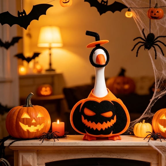 LOWLHOME 7 Inch Halloween Pumpkin Outfit, 2 Colors Orange Black Handmade Non Woven Dress, Mini Porch Goose Clothes Yard Silly Lawn Duck Shirt, Halloween Christmas Tabletop Decorative(Hollow smile)