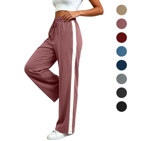 Sahpxhe Athletic Wide Leg Pants for Women Drawstring Elastic Waist Side Stripe Sweatpants with Pockets Casual Sport Track Pants Pink S
