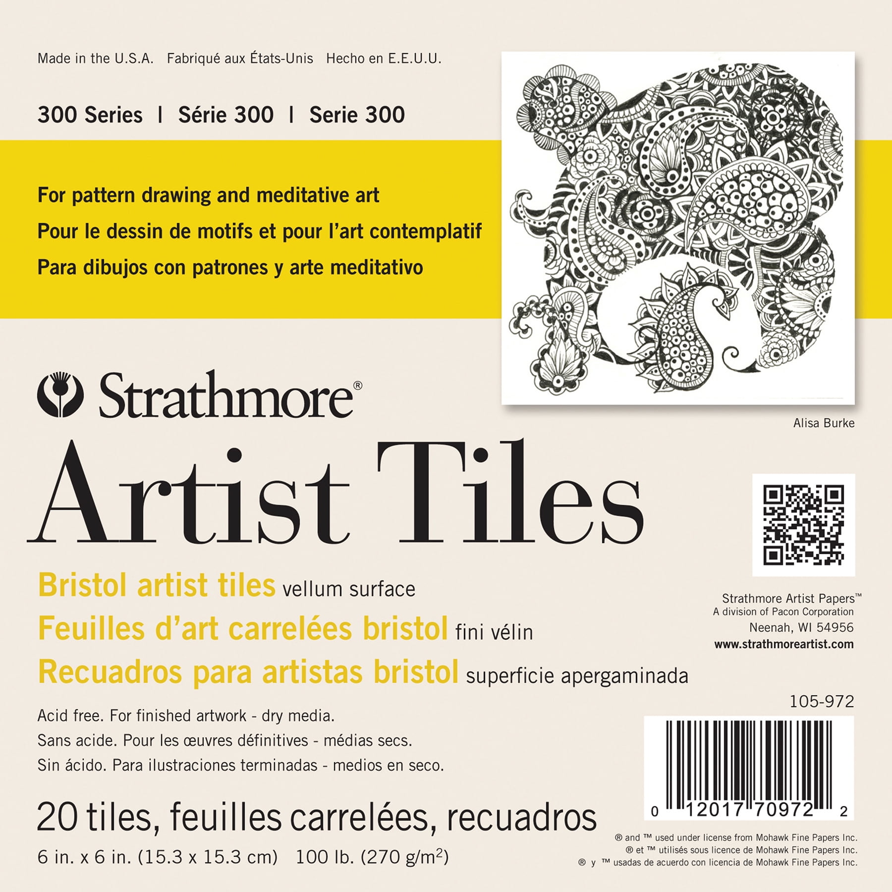 Strathmore 300 Series Artist Tiles, Bristol, Smooth Finish, 6x6 inch, 20 Sheets Per Pack, 3 Packs