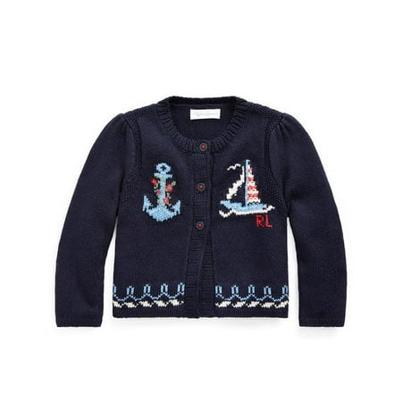Ralph Lauren NAVY Baby Girls Graphic Cotton Cardigan, US 24M