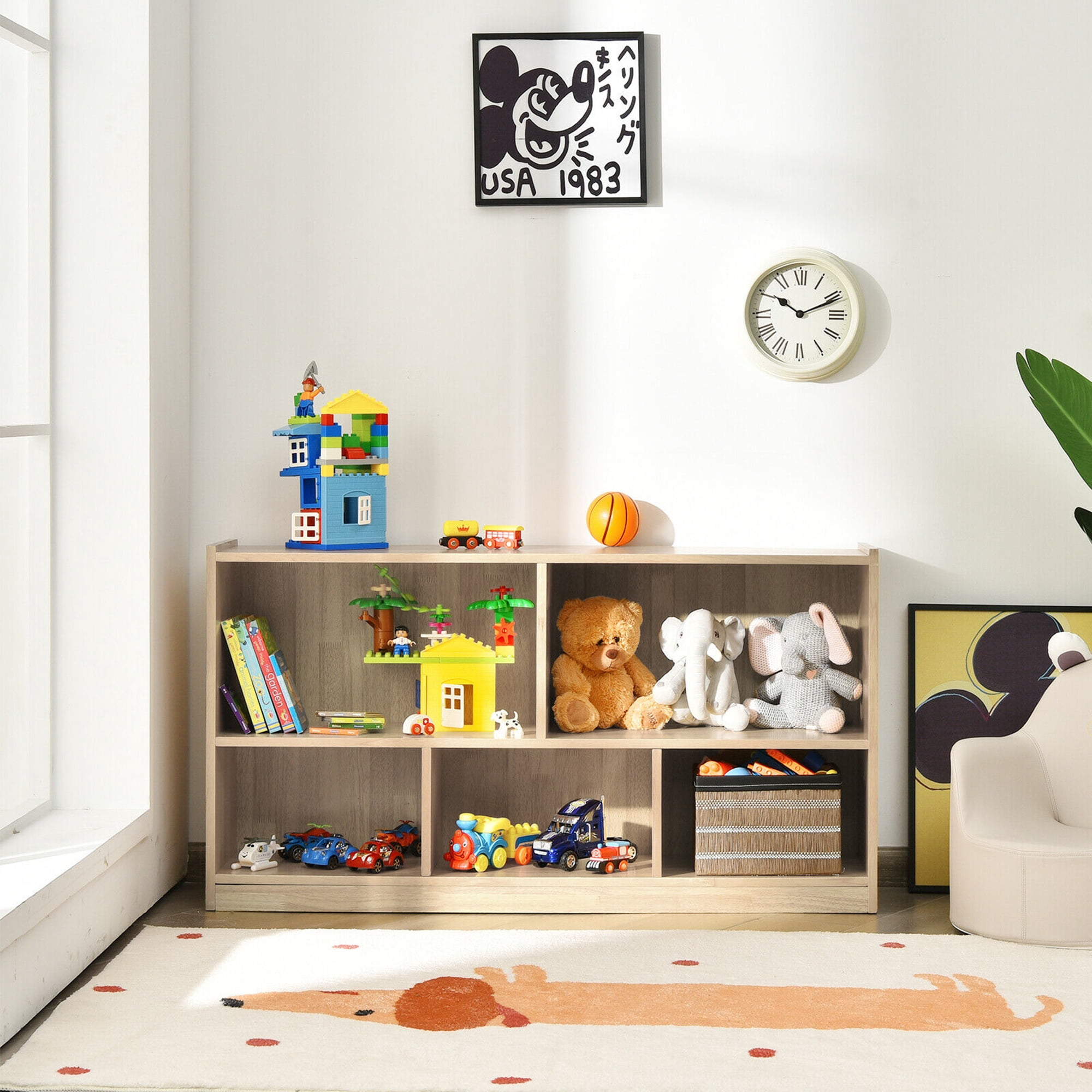 Gymax Kids 5-Cube Storage Cabinet 2-Shelf Wood Bookcase Organizer Natural