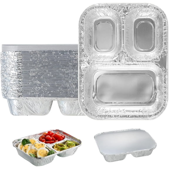 3-Compartment Aluminum Foil Takeout Tray with Paper Lid, 50 Pack – 800ml/27oz Capacity, 8" Lx6 Wx1.5 H Disposable Meal Prep Food Container