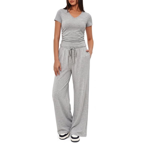 WQD Womens 2 Piece Set Outfits Lounge Sets Ruched Short Sleeve Tops High Waisted Wide Leg Pants Tracksuit Sets