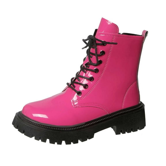 Xiaoxatg Fashionable Leather Round Toe Heeled Ankle Boots With Lace Up Design for Casual and Formal Wear 7 Hot Pink