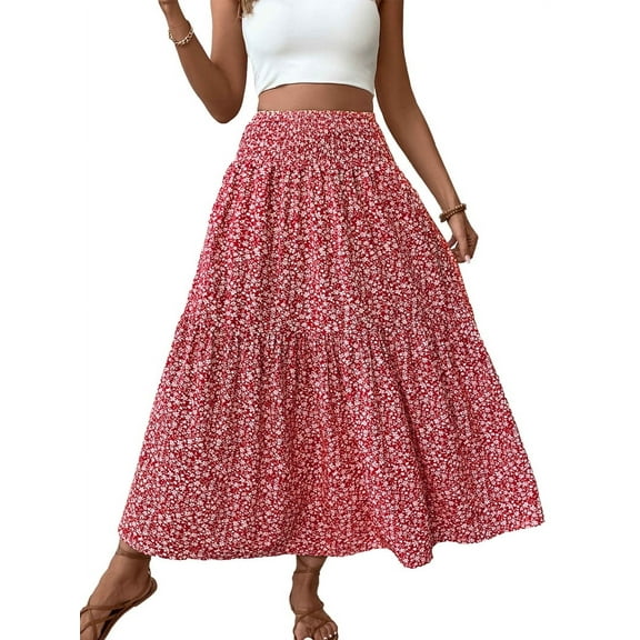 Women'S High Elastic Waist Midi Skirt Casual Summer Trendy Flowy Ruffle Floral Print A Line Skirts Safflower L