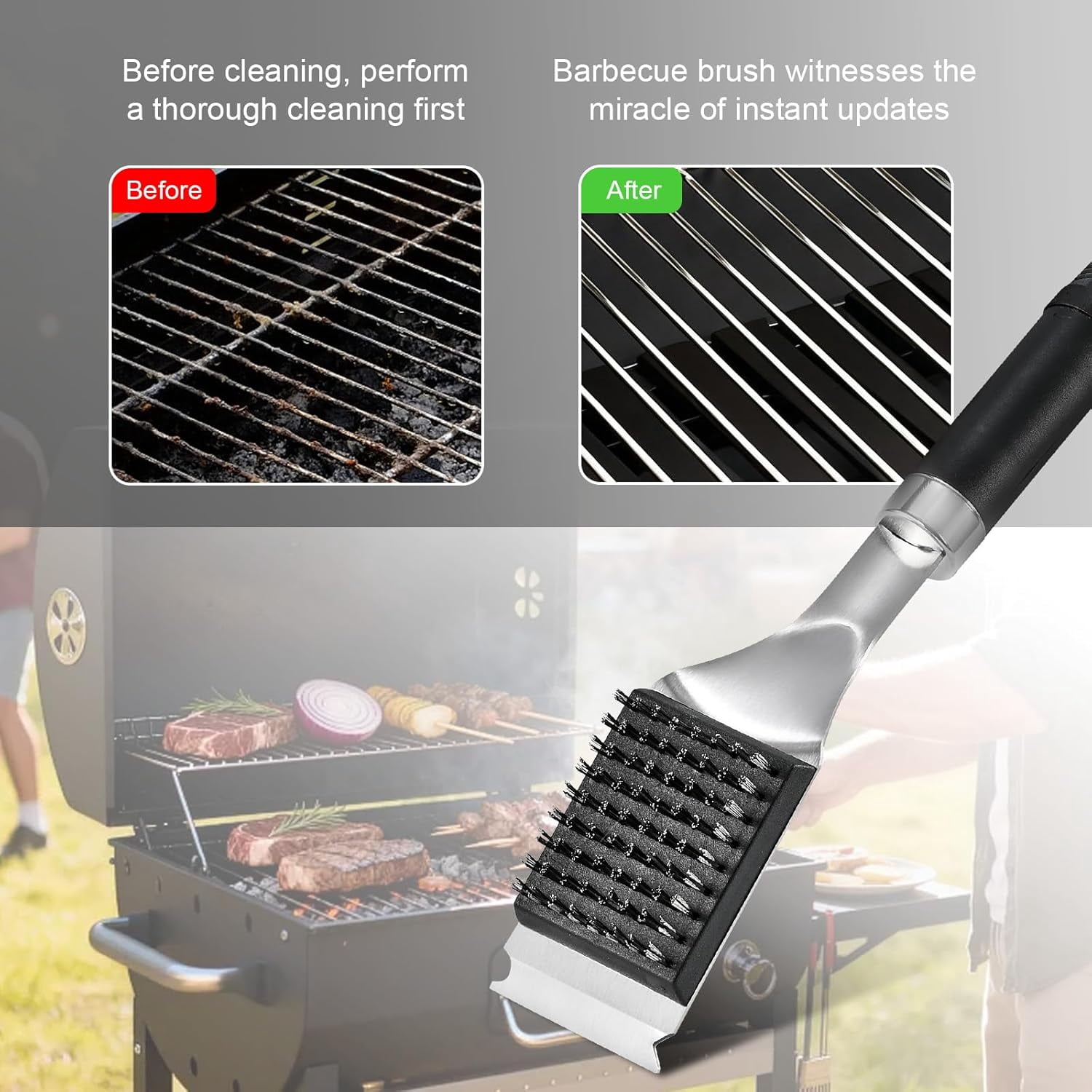 BBQ Grill Cleaning Brush with Scraper, 17'' Stainless Steel Grate Cleaner 2 Replaceable Bristles Heads, Safe Accessories for Charcoal & Electric Grills