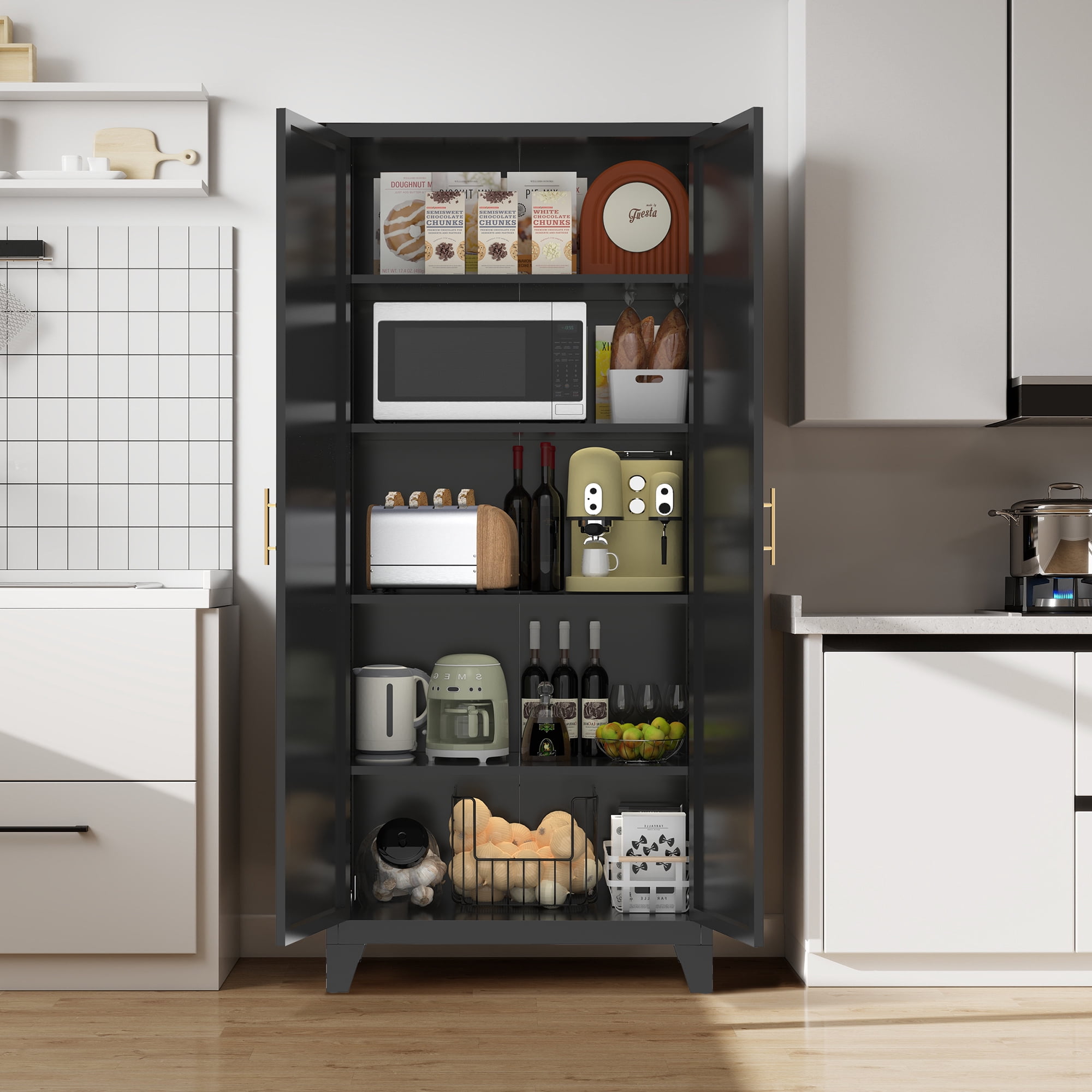 Aukfa 71" Tall Metal Pantry Cabinet,Kitchen Storage Cabinet with Adjustable Shelves for Kitchen/Dining Room/Living Room, Black
