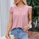 thumbnail image 3 of Camiseta transpirable de fibra de poliéster de manga corta con cuello con volantes ahuecado y cuello en V para mujer para primavera verano Rosa XL, 3 of 8