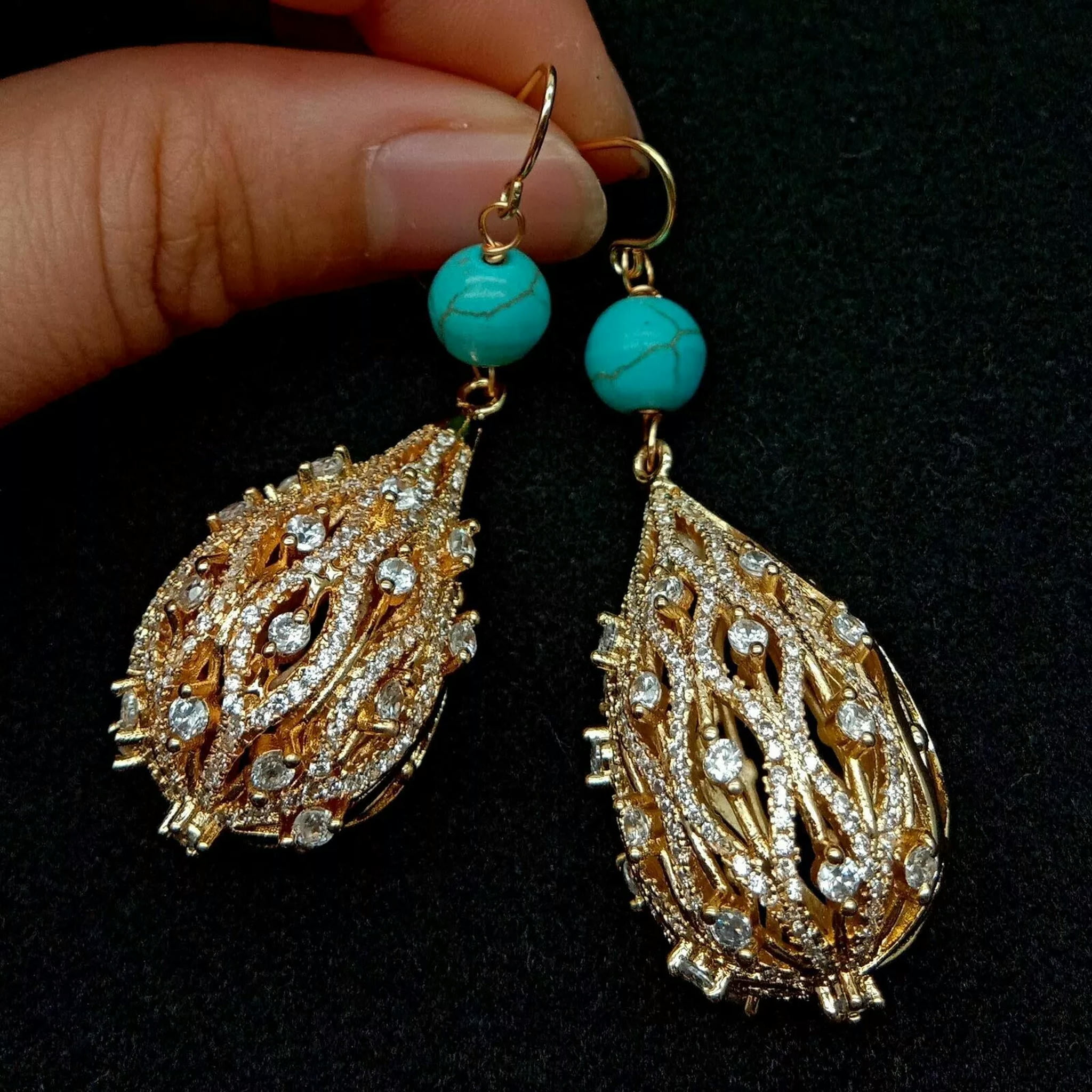 EOEMY Blue Turquoise Cubic Zirconia Pave Teardrop Hook Earring