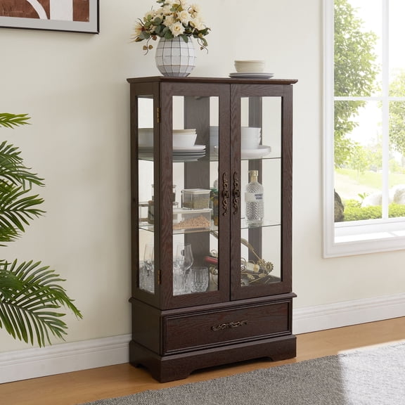 CKEASEAN 47" 3-Tier Lighted Glass Curio Display Cabinet, Glass Storage Cabinet with Adjustable Shelves & Drawer, Wooden Wine Accent Display Case with Mirrored Back Panel for Living Room, Bedroom
