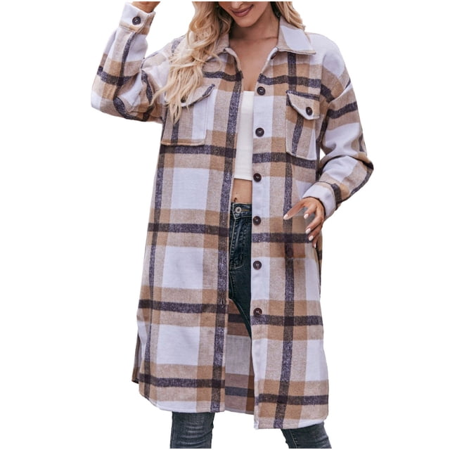 AherBiu Jackets for Women Flannel Plaid Shacket Button Down Lapel Mid-Long Winter Coats with Pockets