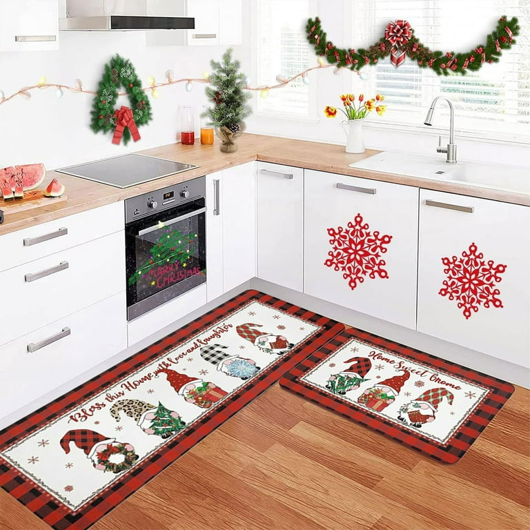 Christmas Kitchen Rugs and Mats Set of 2, Non Slip Winter Holiday
