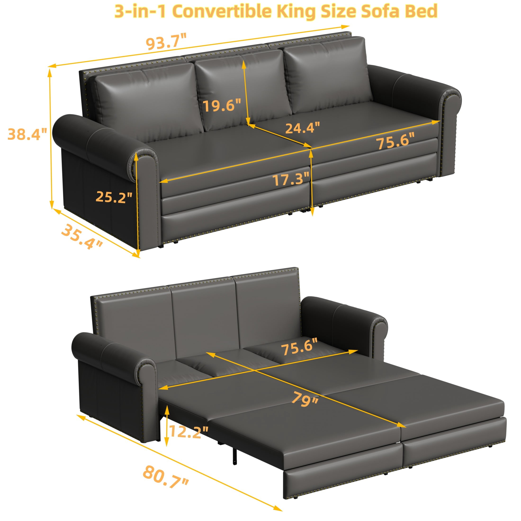 Noble House Lexair Faux Leather Chesterfield Pull Out Sofa Bed, 3-in-1 King Sleeper Couch with Rolled Arm, Grey