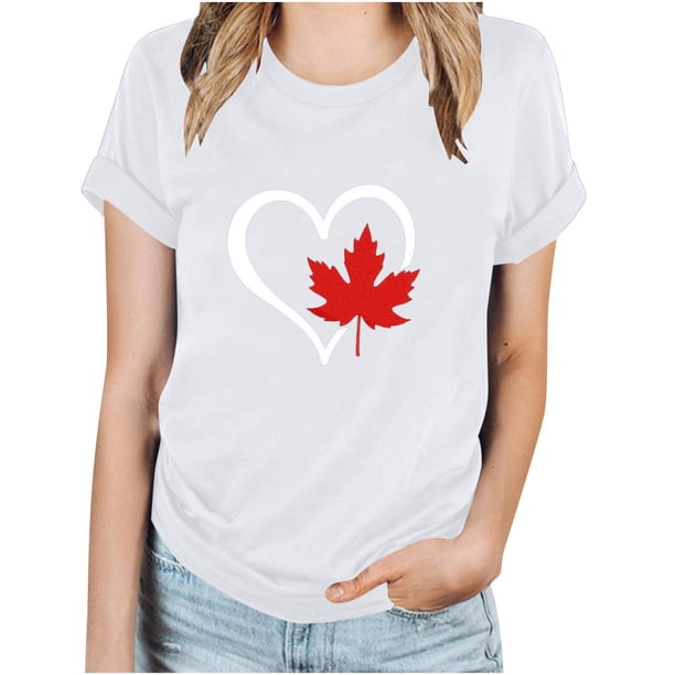 Camisetas de Manga Corta para Mujeres Canadá Día Hoja de Arce Impresión Básica de Verano Tee, Cuello Redondo Camiseta Casual