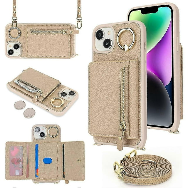 For iPhone 14/13 Case Litchi Texture Card Bag Leather+TPU Crossbody Phone Cover with Ring Kickstand