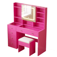 thumbnail image 4 of Hassch Vanity Desk with Light and Mirror Cabinet, Charging Station and Cushioned Stool, Makeup Table with Hooks and Glass Top, Dressing Table with Shelves and 5 Drawers for Bedroom, Pink, 4 of 6