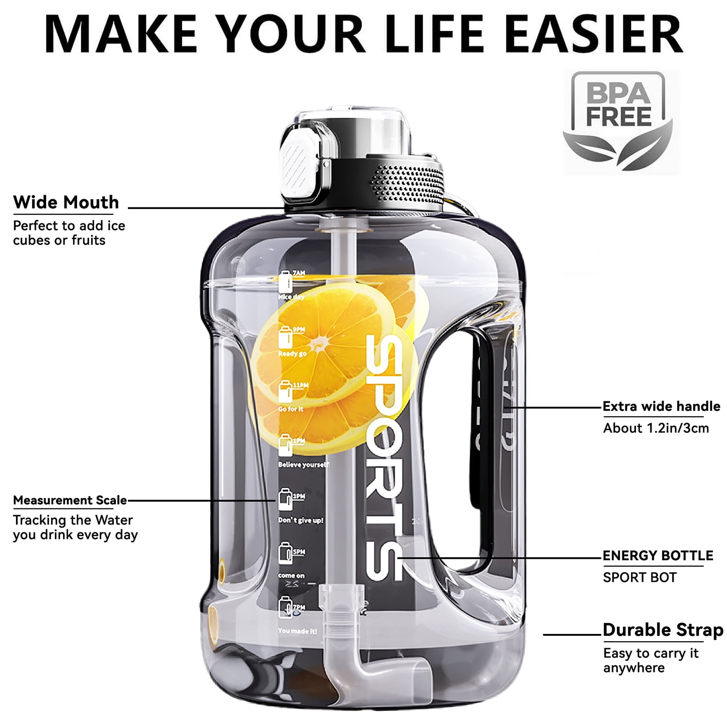 1 Gallon Water Bottles,128 oz Motivational Time Marked Water Bottle With Straw,BPA Free,Leak Proof Sports Water Bottle
