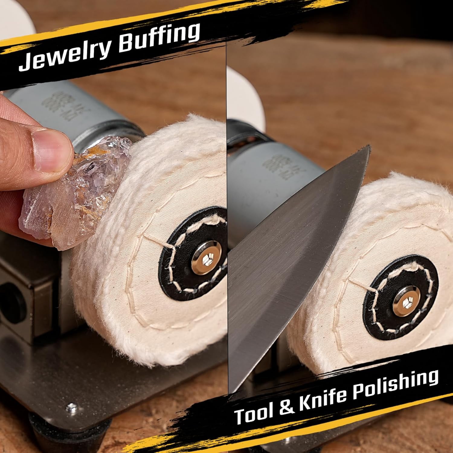 Mini Bench Grinder with 3 Wheels, Electric Multi-Purpose Grinding Machine for Metal, Wood, Knife Making, Jewelry Buffing, 6.3 x 3.5 inch Base